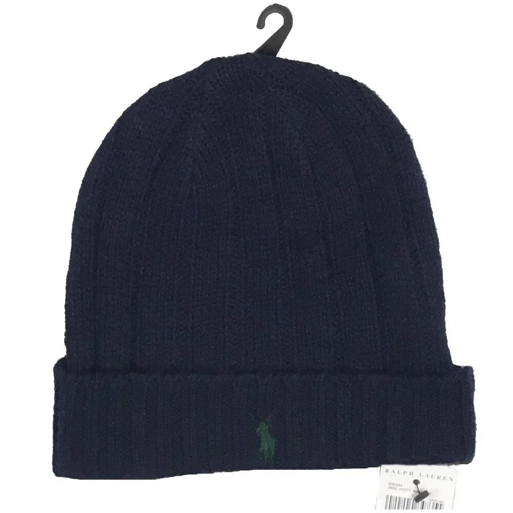 NEW Polo Ralph Lauren Winter Beanie Hat! Navy With Green Polo Player Ribbed